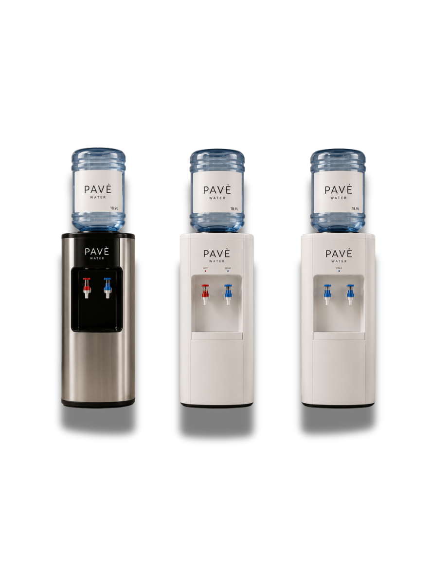 PAVÉ premium water dispensers — stainless steel and matte white finishes
